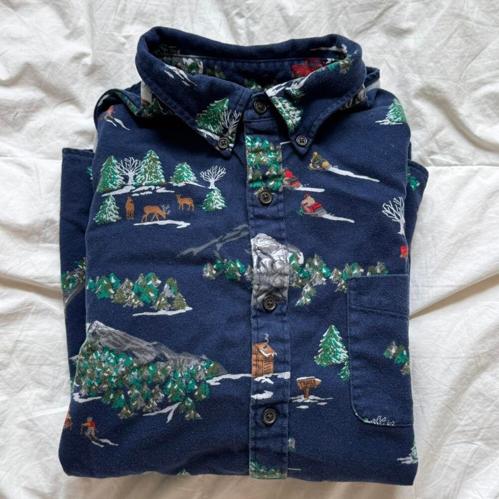 lands end Graphic print flannel shirt sz L winter scene cotton long sleeve comfy